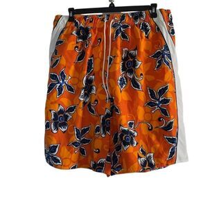 Men's Size 2X Orange Blue White Hawaiian Print Swim Trunks
